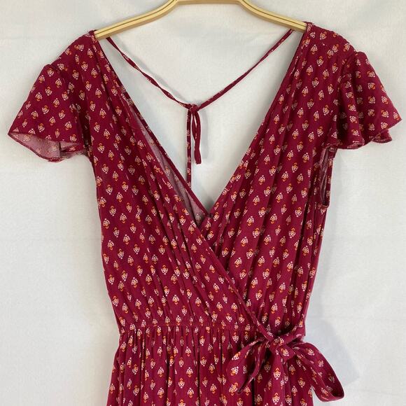 Xhilaration Floral Faux Wrap Maxi Dress Women Size S Red Cottagecore Ruffle Boho - Picture 7 of 11